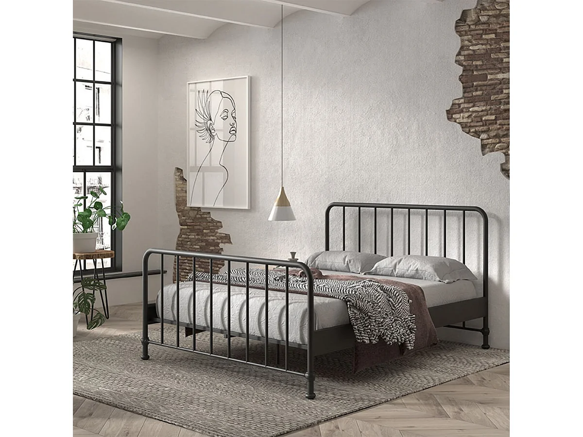 CHICAGO - Lit à Barreaux 160x200cm Métal Poudré Noir