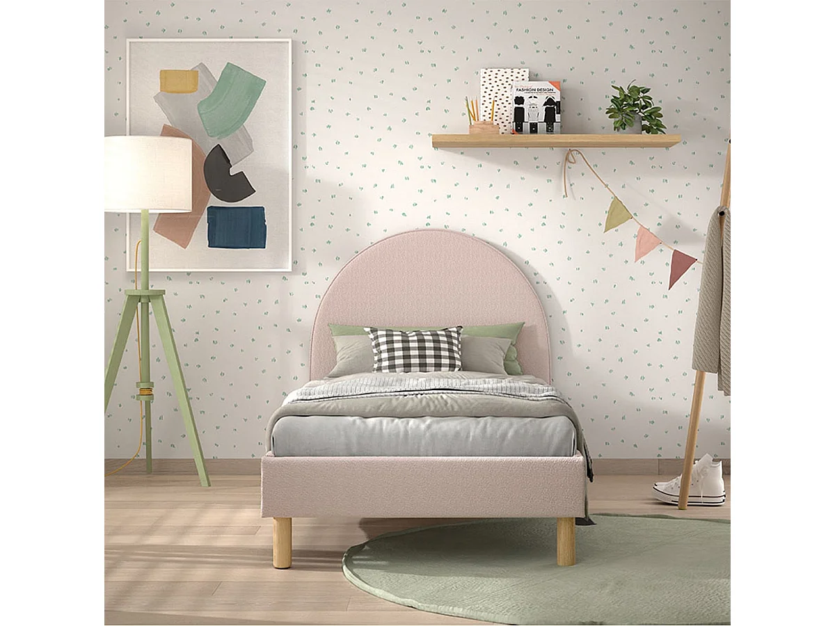 CONNIE - Lit 90x200cm Tête de Lit Demi-Lune Tissu Bouclé Rose