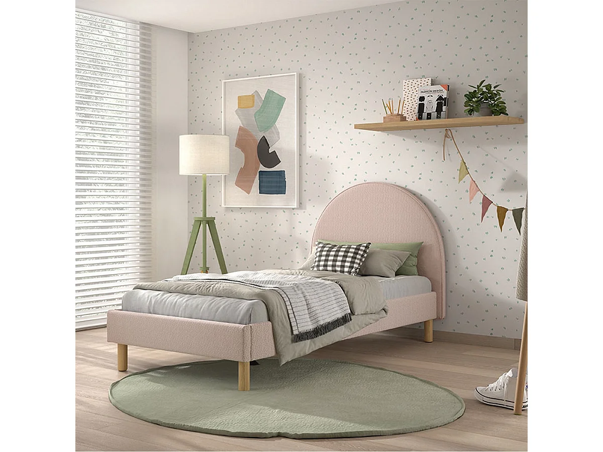 CONNIE - Lit 90x200cm Tête de Lit Demi-Lune Tissu Bouclé Rose