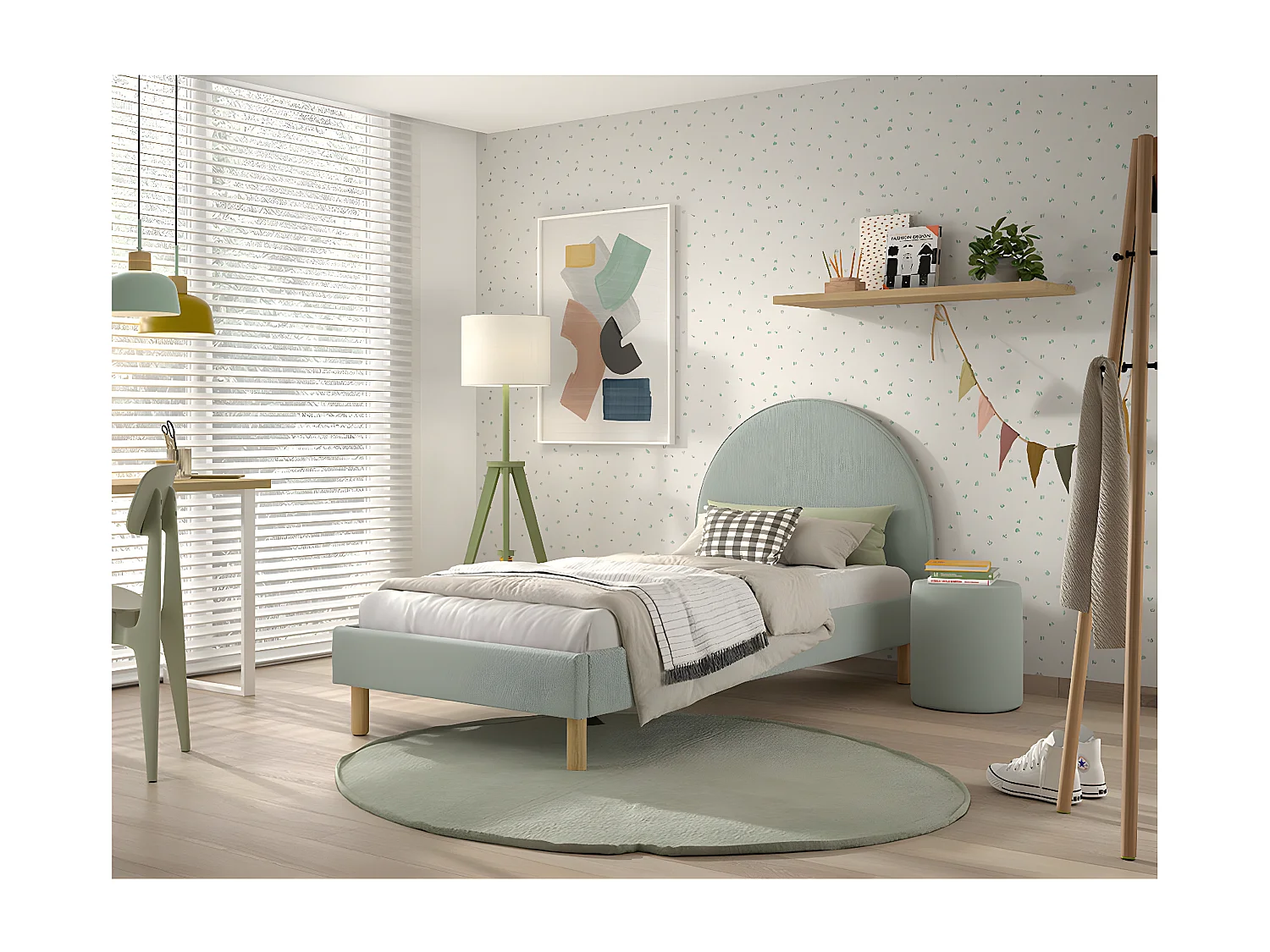 CONNIE - Pack Lit 90x200cm Tête Demi-Lune + Pouf Tissu Bouclé Vert Olive