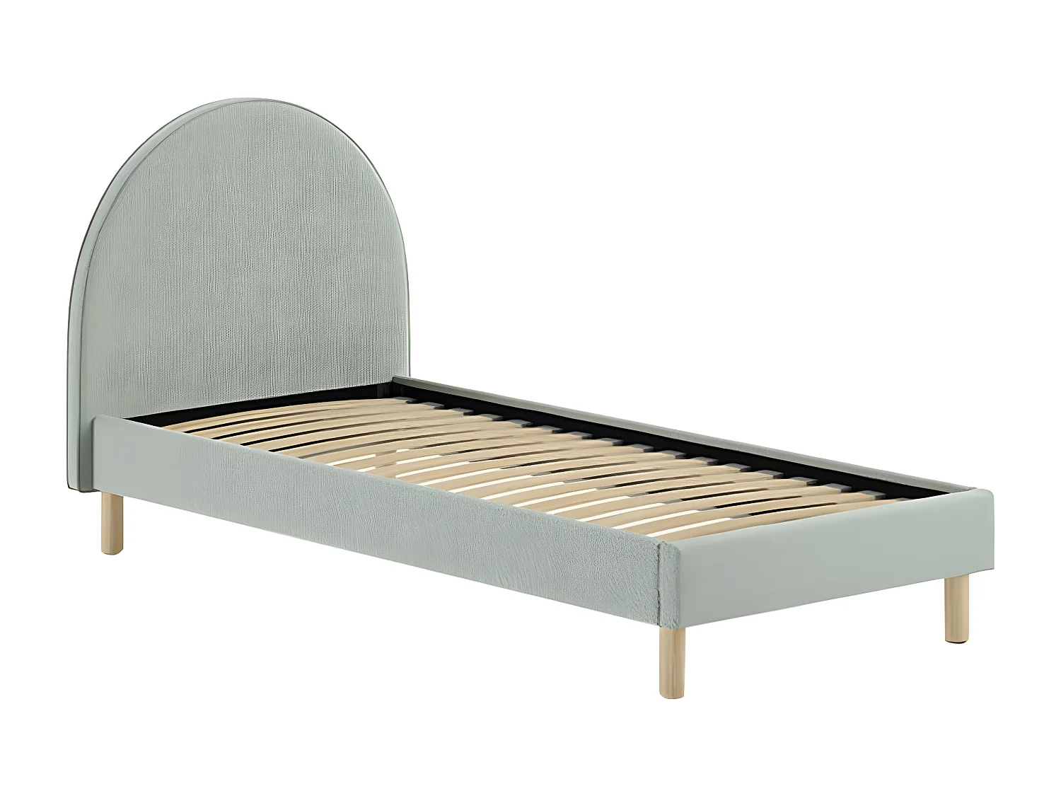 CONNIE - Pack Lit 90x200cm Tête Demi-Lune + Pouf Tissu Bouclé Vert Olive