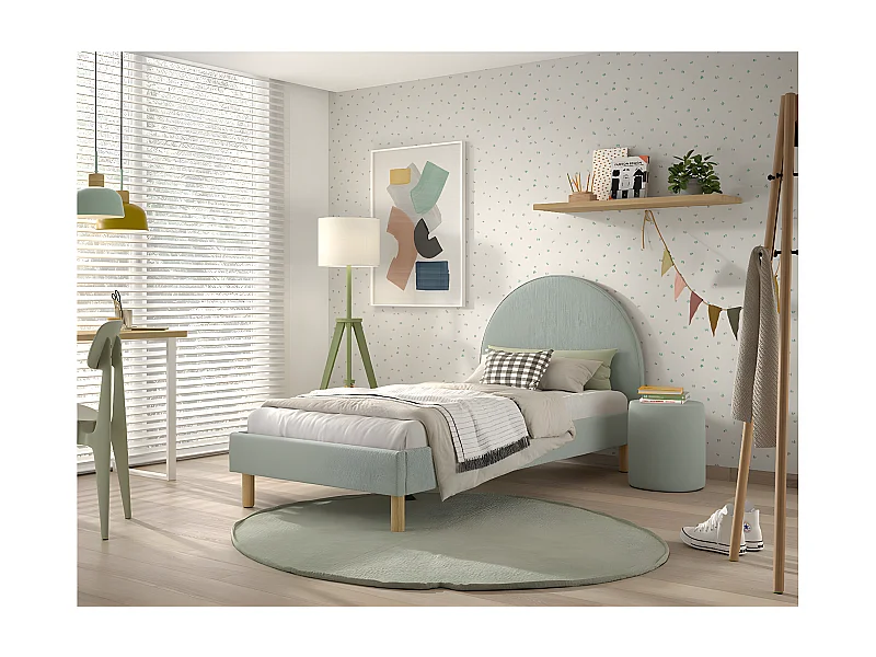 CONNIE - Pack Lit 90x200cm Tête Demi-Lune + Pouf Tissu Bouclé Vert Olive