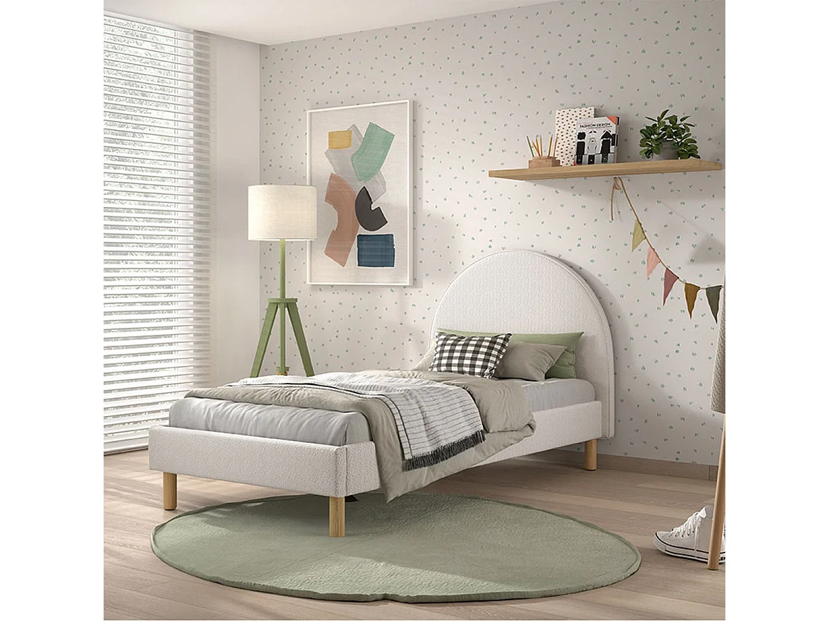 CONNIE - Lit 90x200cm Tête de Lit Demi-Lune Tissu Bouclé Blanc