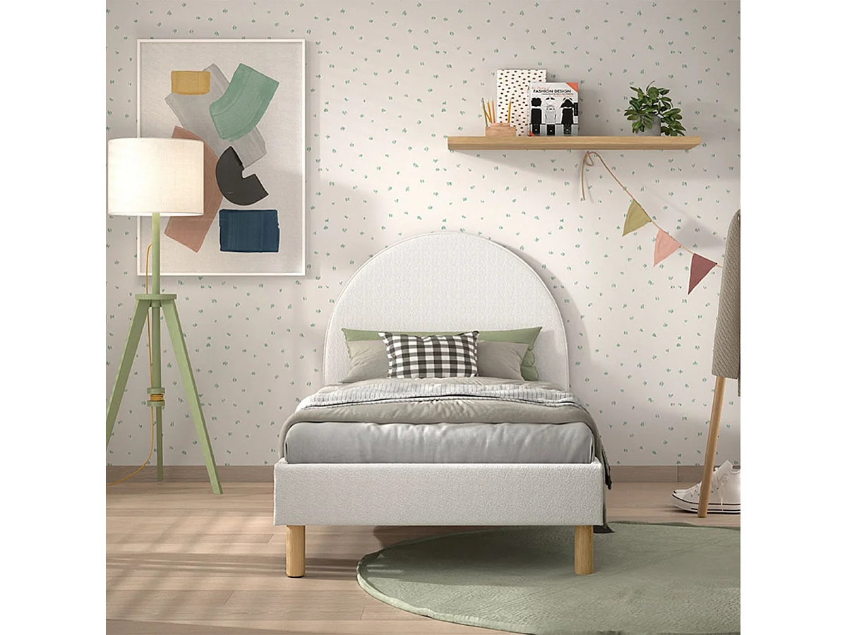 CONNIE - Lit 90x200cm Tête de Lit Demi-Lune Tissu Bouclé Blanc