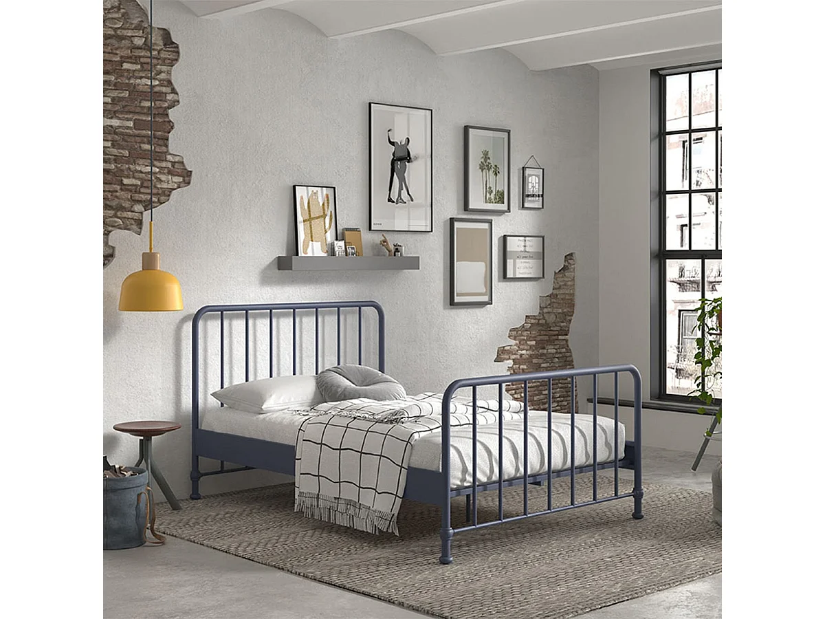 CHICAGO - Lit à Barreaux 140x200cm Métal Poudré Bleu