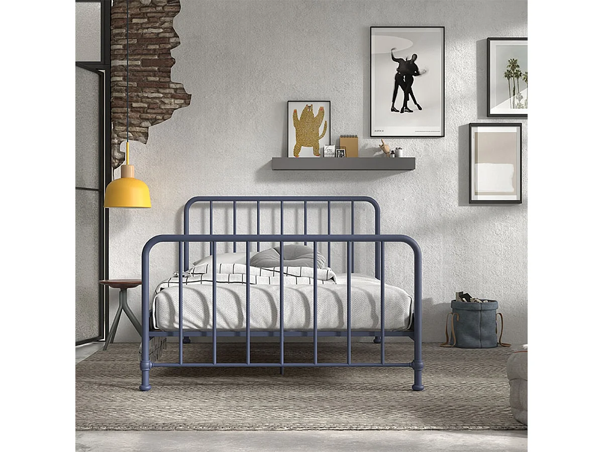 CHICAGO - Lit à Barreaux 140x200cm Métal Poudré Bleu