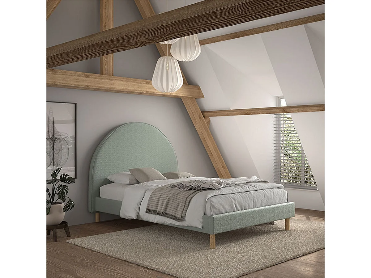 CONNIE - Lit 140x200cm Tête de Lit Demi-Lune Tissu Bouclé Vert Olive