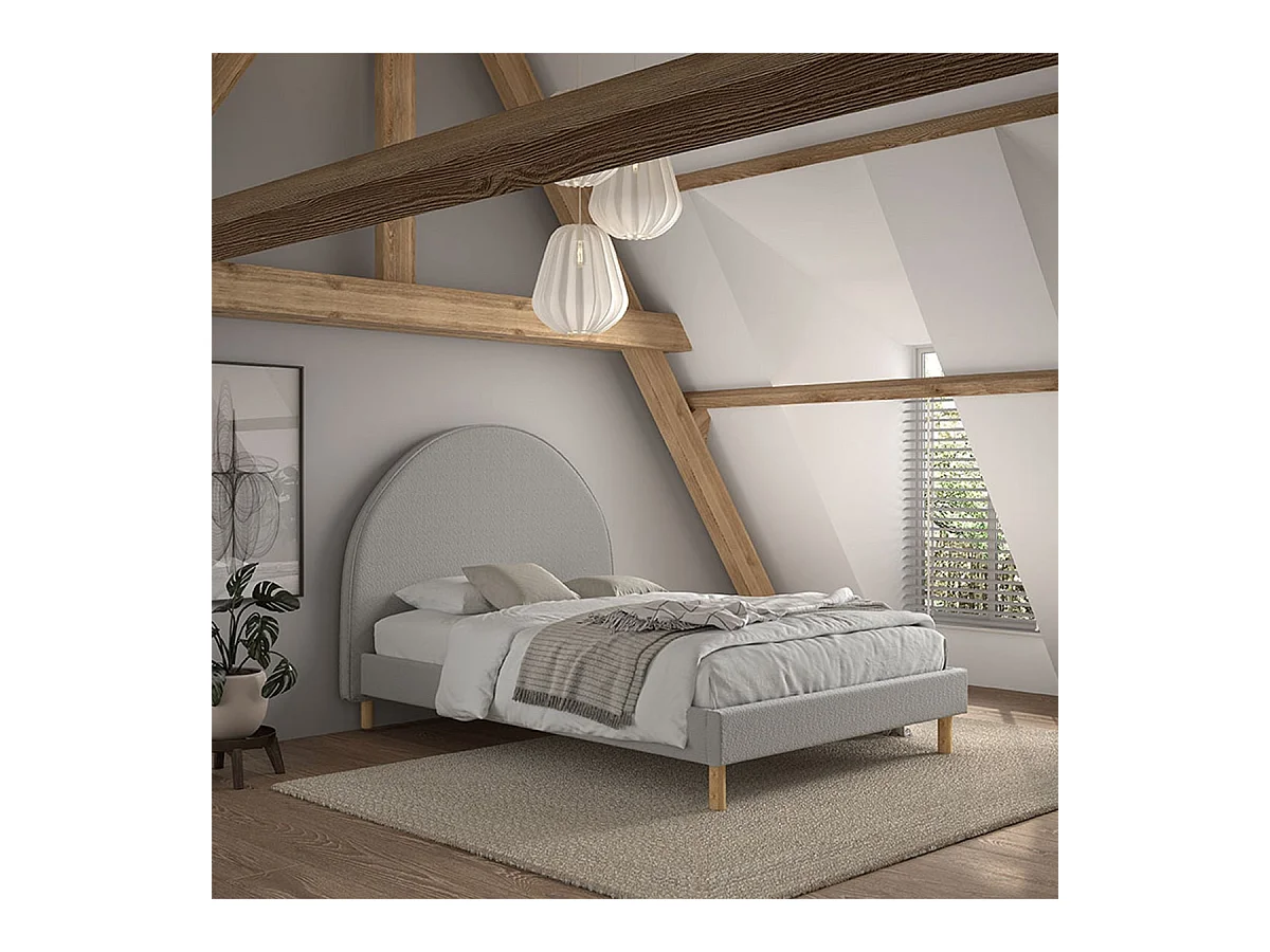 CONNIE - Lit 140x200cm Tête de Lit Demi-Lune Tissu Bouclé Gris