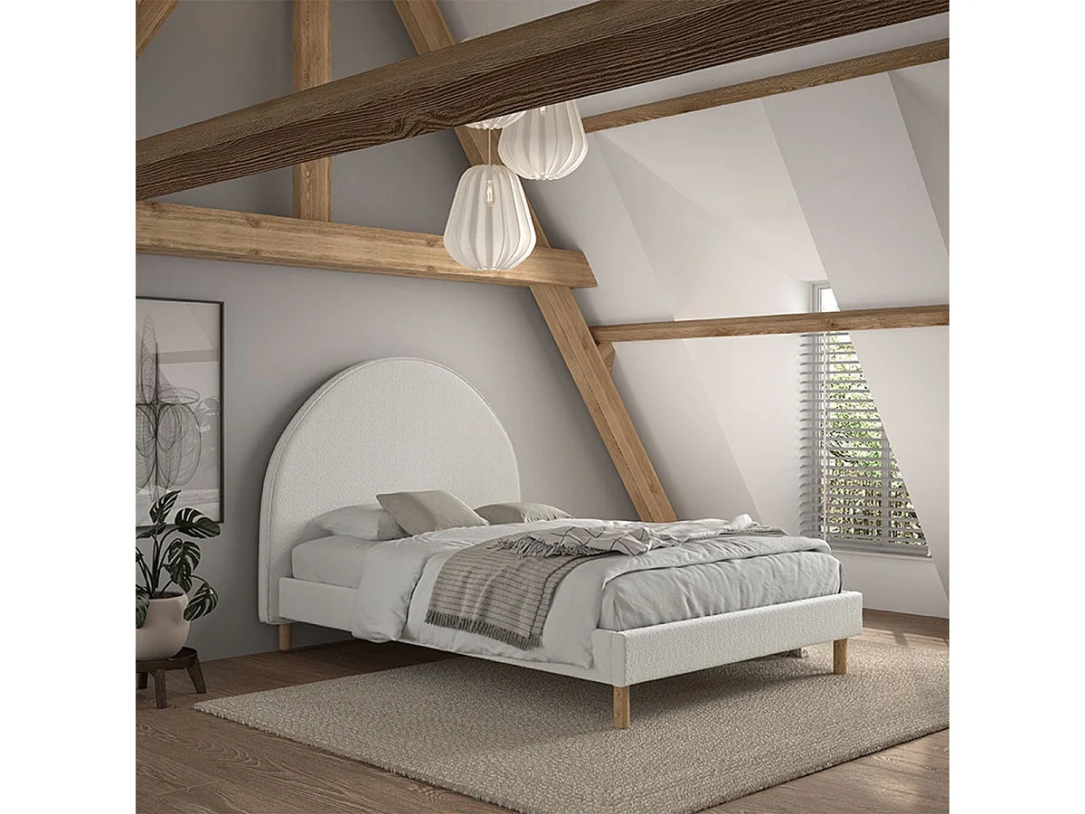 CONNIE - Lit 140x200cm Tête de Lit Demi-Lune Tissu Bouclé Blanc