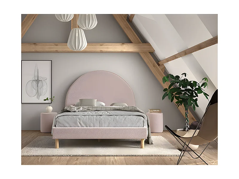 CONNIE - Pack Lit 140x200cm Tête Demi-Lune + 2 Poufs Tissu Bouclé Rose
