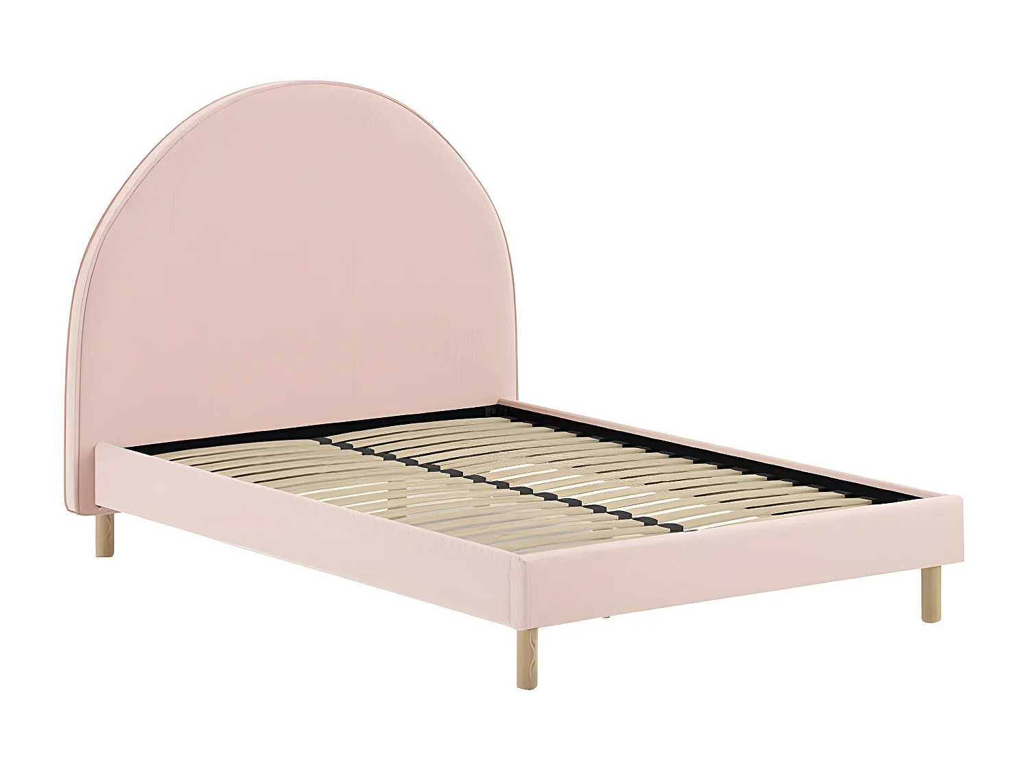 CONNIE - Pack Lit 140x200cm Tête Demi-Lune + 2 Poufs Tissu Bouclé Rose