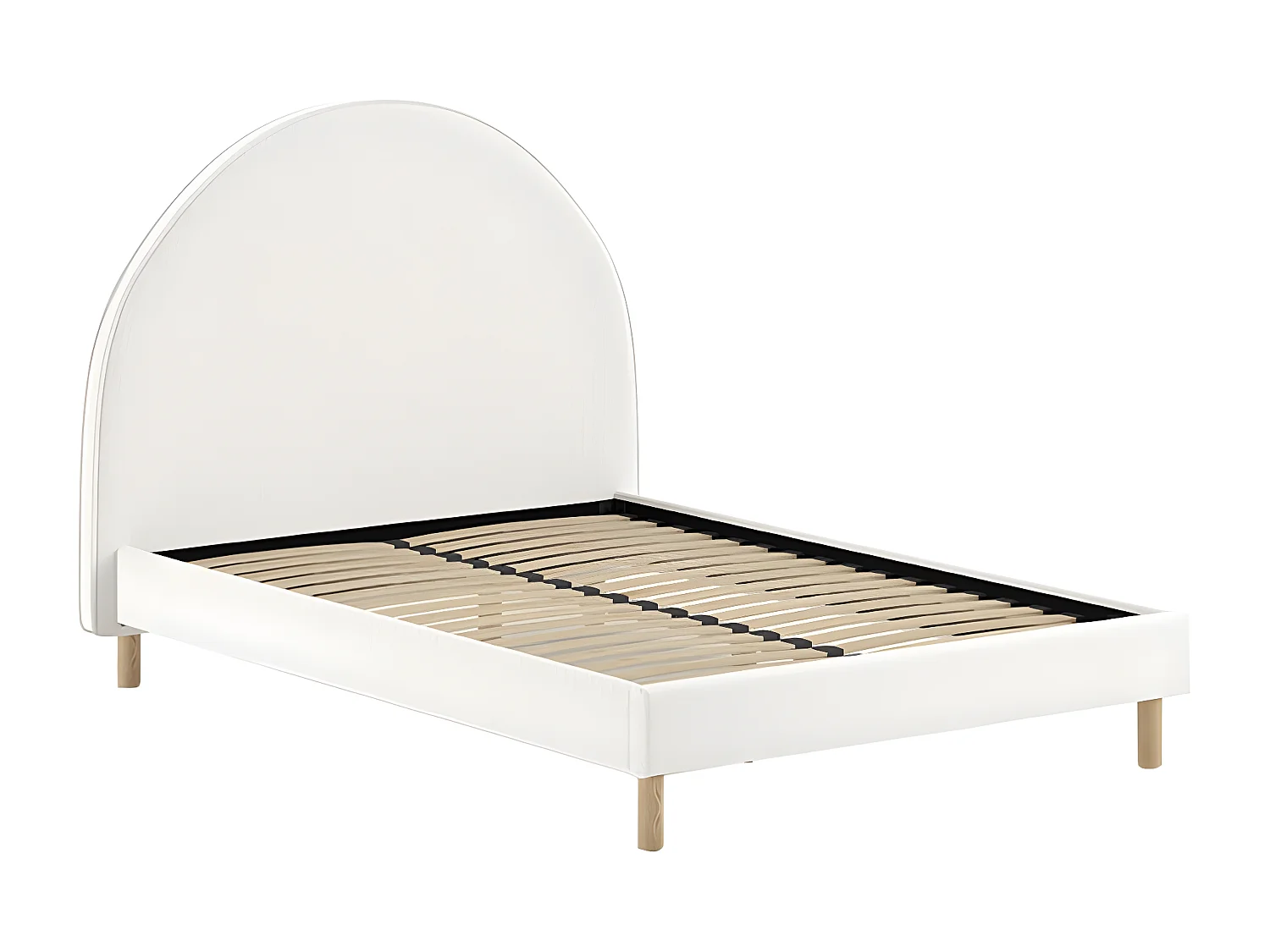 CONNIE - Pack Lit 140x200cm Tête Demi-Lune + 2 Poufs Tissu Bouclé Blanc