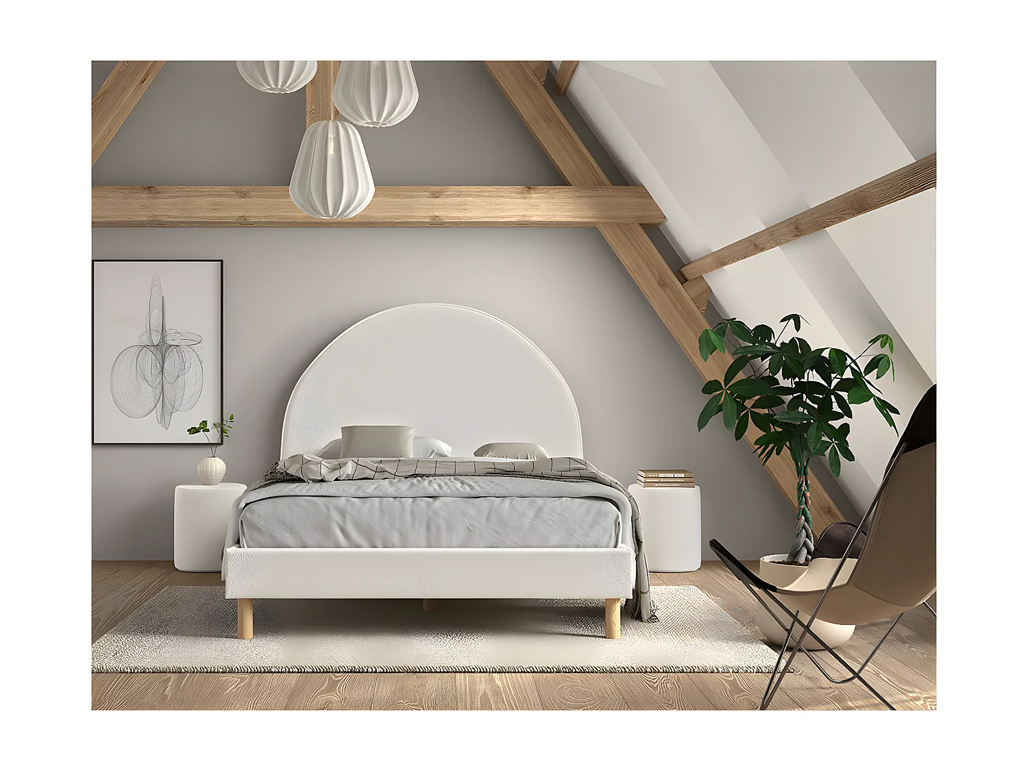 CONNIE - Pack Lit 140x200cm Tête Demi-Lune + 2 Poufs Tissu Bouclé Blanc