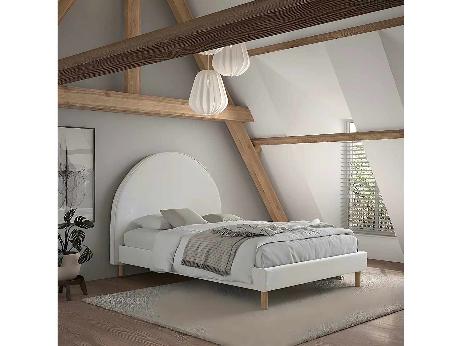 CONNIE - Pack Lit 140x200cm Tête Demi-Lune + 2 Poufs Tissu Bouclé Blanc