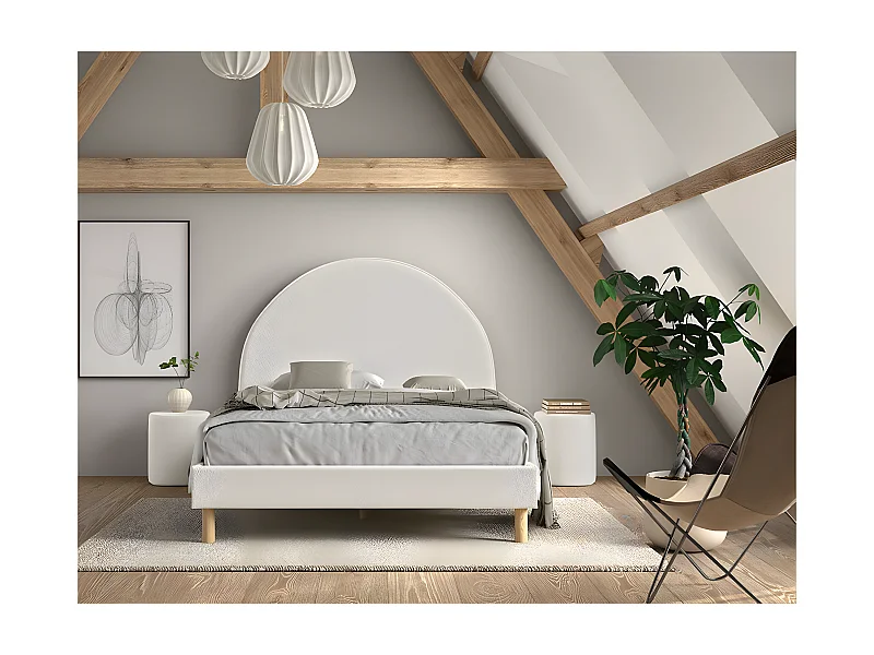 CONNIE - Pack Lit 140x200cm Tête Demi-Lune + 2 Poufs Tissu Bouclé Blanc