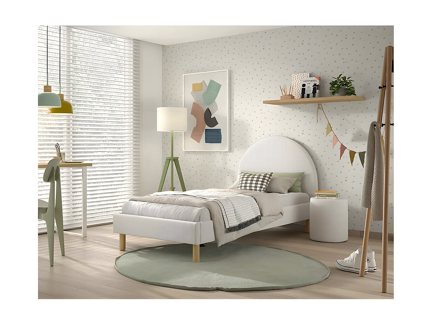 CONNIE - Pack Lit 90x200cm Tête Demi-Lune + Pouf Tissu Bouclé Blanc