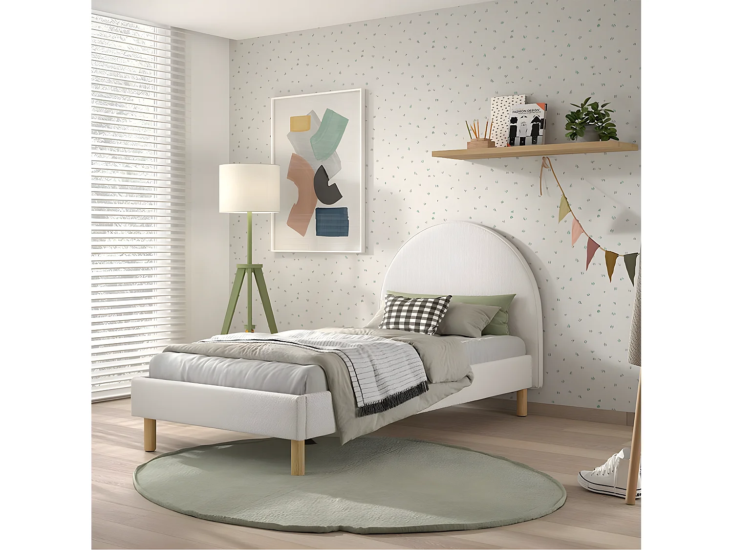 CONNIE - Pack Lit 90x200cm Tête Demi-Lune + Pouf Tissu Bouclé Blanc