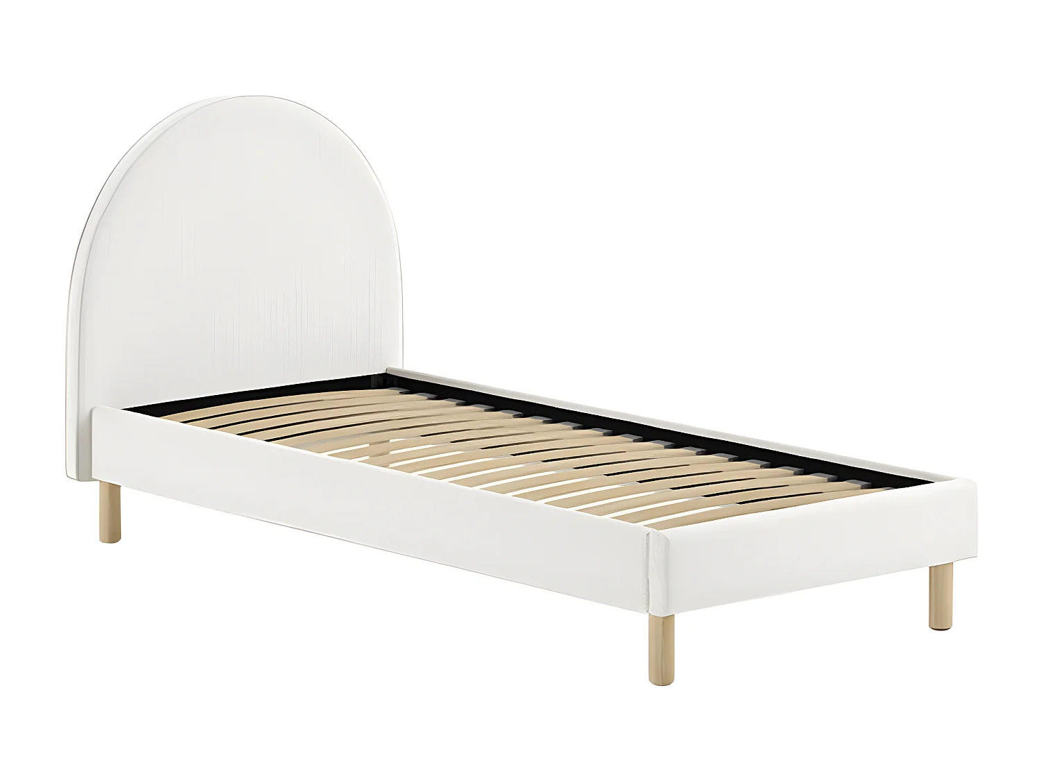 CONNIE - Pack Lit 90x200cm Tête Demi-Lune + Pouf Tissu Bouclé Blanc