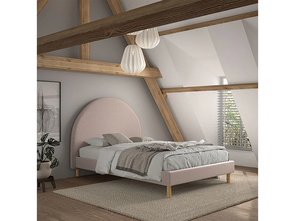 CONNIE - Lit 140x200cm Tête de Lit Demi-Lune Tissu Bouclé Rose