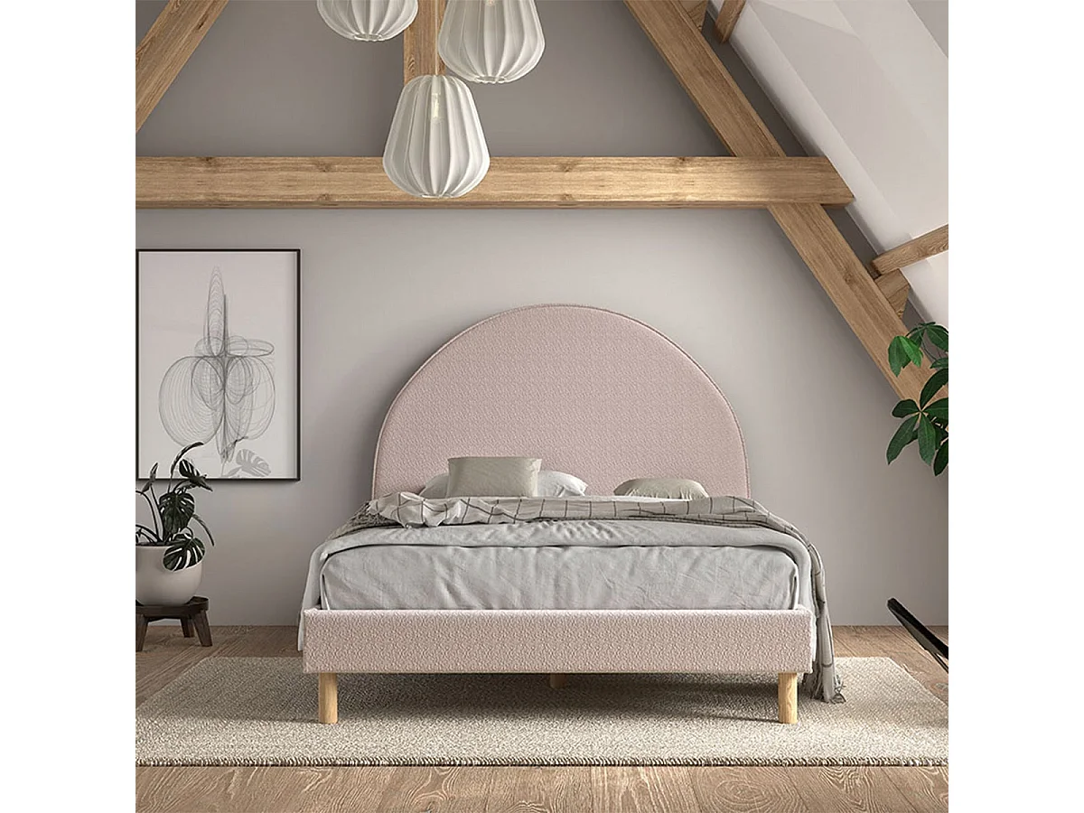 CONNIE - Lit 140x200cm Tête de Lit Demi-Lune Tissu Bouclé Rose