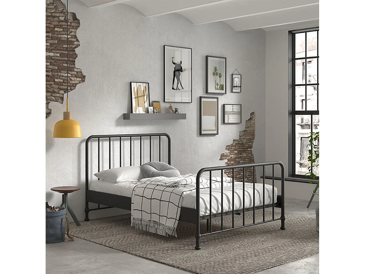 CHICAGO - Lit à Barreaux 140x200cm Métal Poudré Noir
