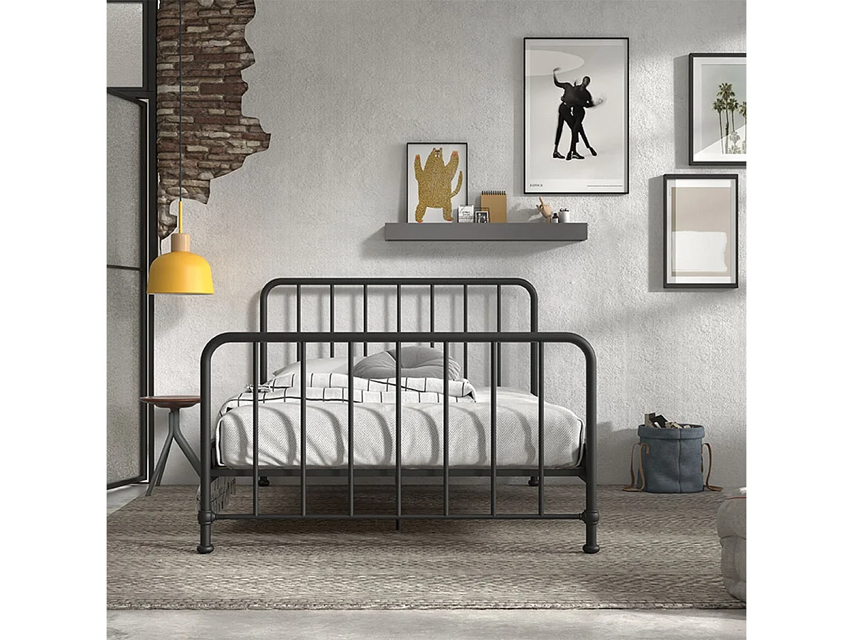CHICAGO - Lit à Barreaux 140x200cm Métal Poudré Noir