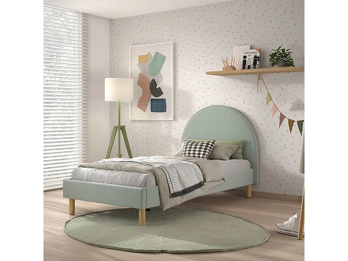 CONNIE - Lit 90x200cm Tête de Lit Demi-Lune Tissu Bouclé Vert Olive