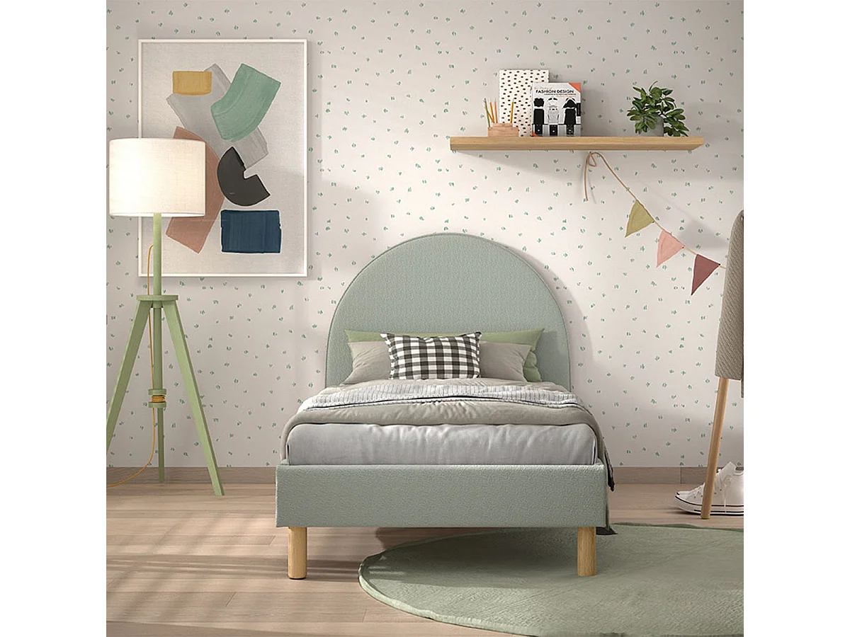 CONNIE - Lit 90x200cm Tête de Lit Demi-Lune Tissu Bouclé Vert Olive