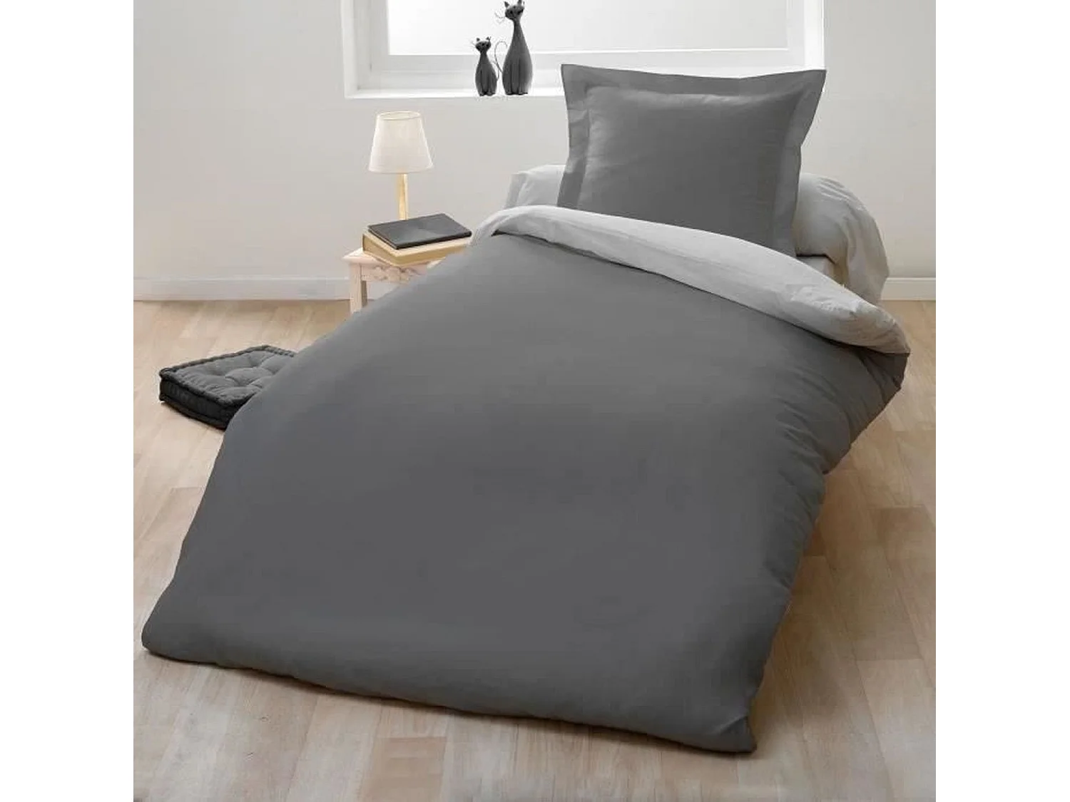 Parure housse de couette - 140 x 200 cm - 100% Coton - Bicolore Gris clair et foncé