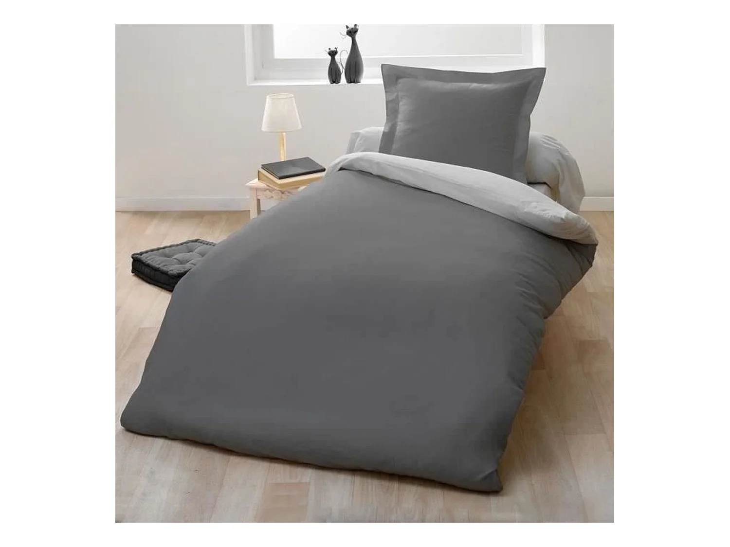Parure housse de couette - 140 x 200 cm - 100% Coton - Bicolore Gris clair et foncé