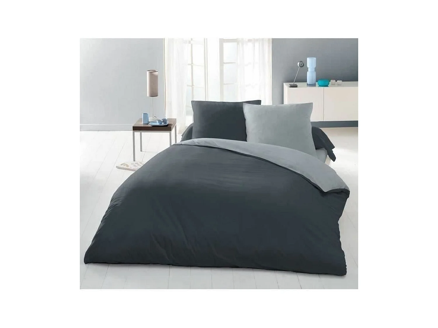 Parure housse de couette 220 x 240 cm et 2 taies d'oreiller - Bicolore Gris clair et foncé