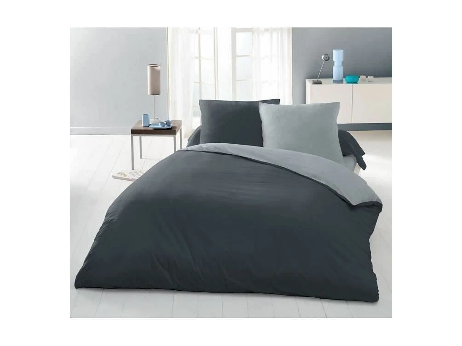 Parure housse de couette 220 x 240 cm et 2 taies d'oreiller - Bicolore Gris clair et foncé