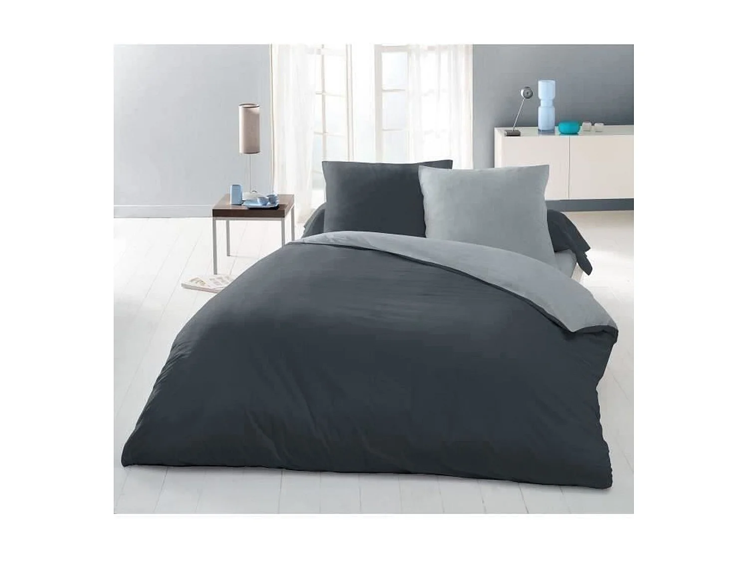 BettbezugSet – 240 x 260 cm – 100 % Baumwolle – zweifarbig hell und dunkelgrau