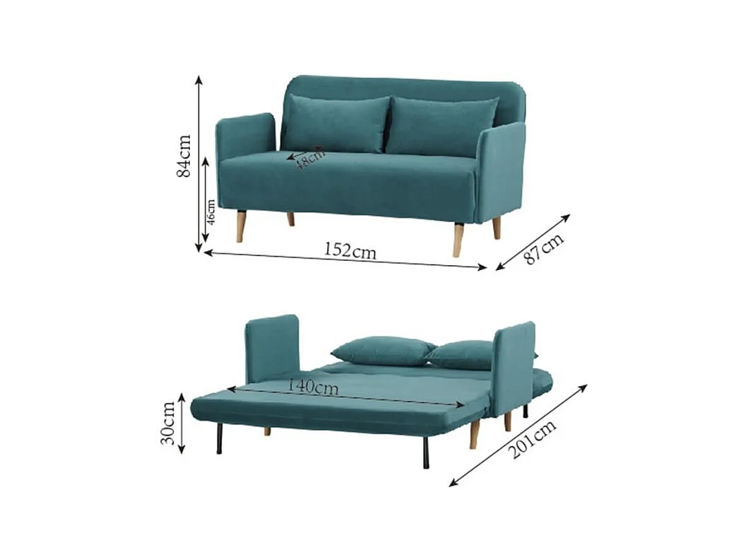 Canapé BZ DEPLO 2 places - Tissu bleu canard 140 - 152 x 90 x 81 cm