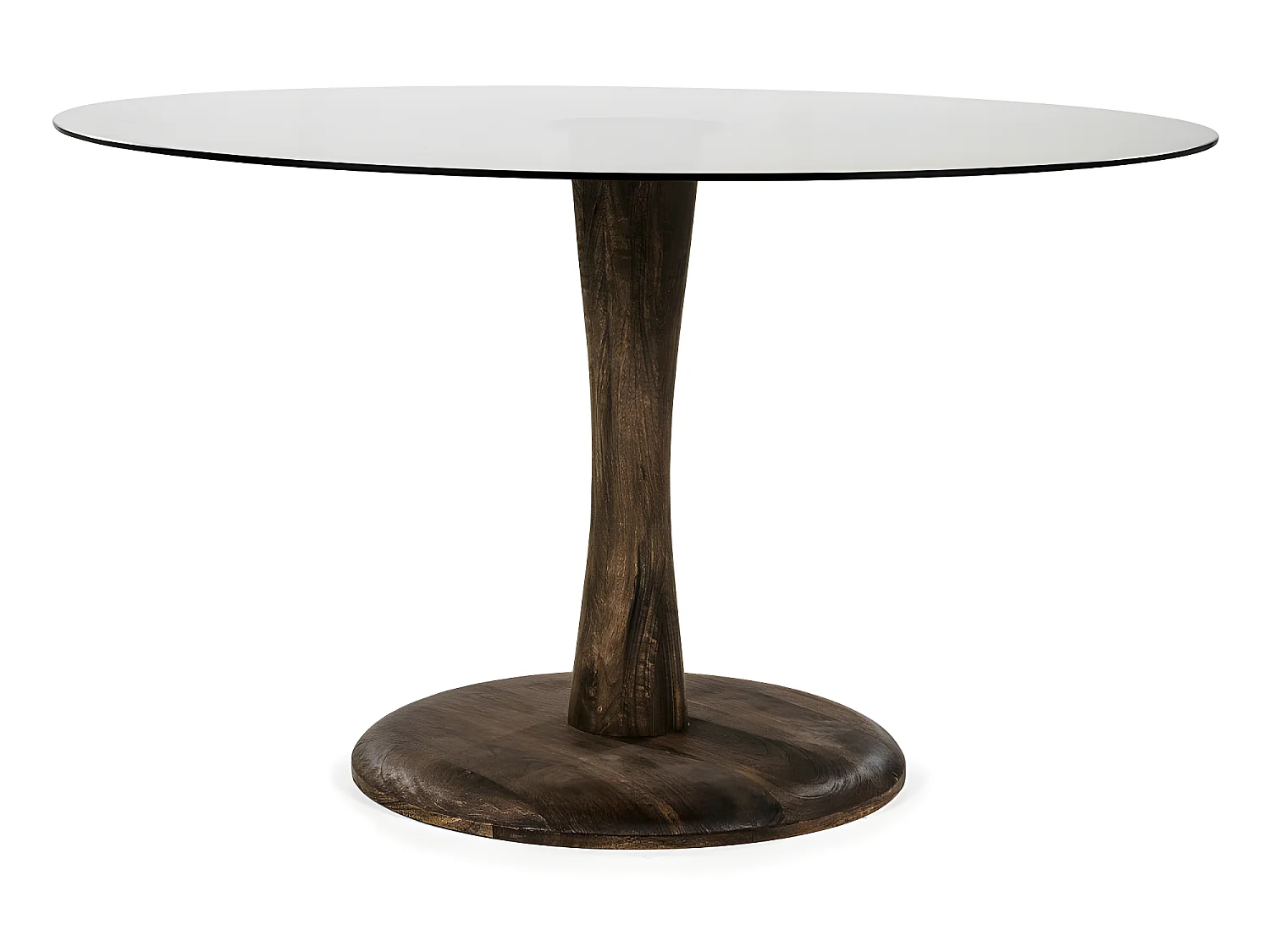 Boogie - Table à manger 4 personnes ronde en verre et bois de manguier - Bois foncé