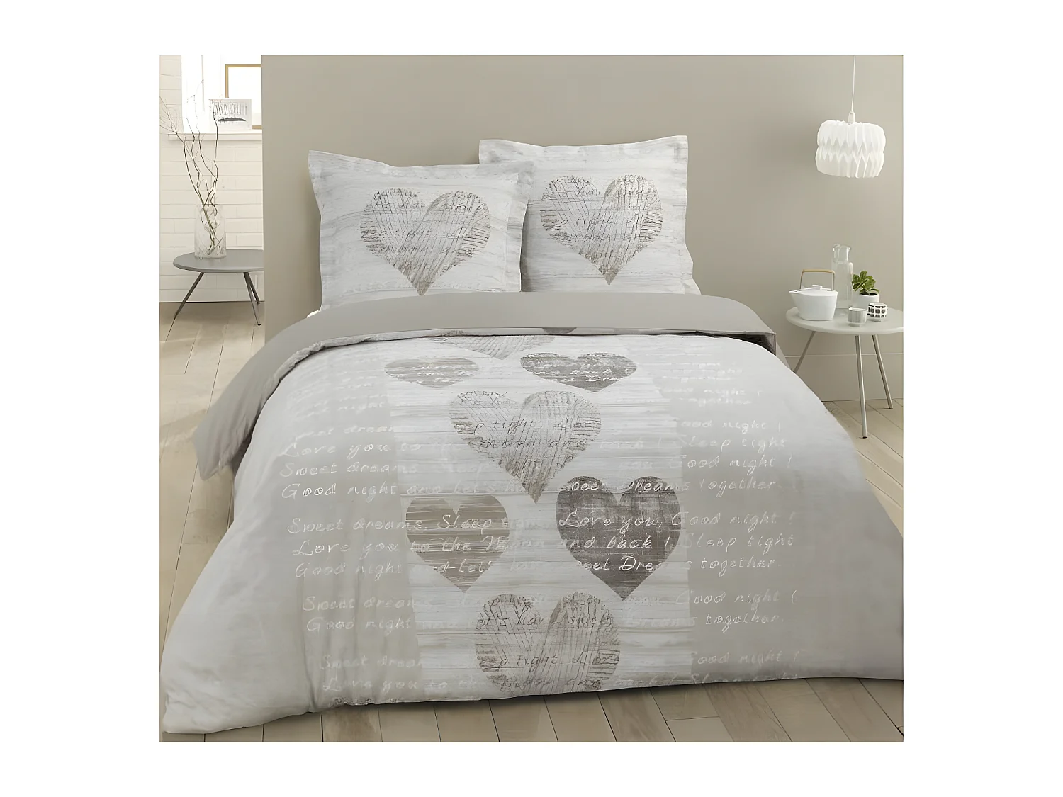 Parure de couette Alice - 100% coton - 1 housse de couette 240 x 260 cm + 2 taies d'oreiller 65 x 65 cm - Beige