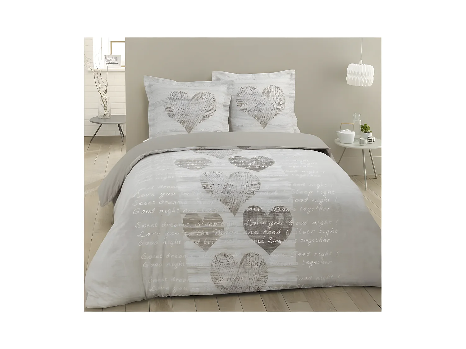 Parure de couette Alice - 100% coton - 1 housse de couette 240 x 260 cm + 2 taies d'oreiller 65 x 65 cm - Beige