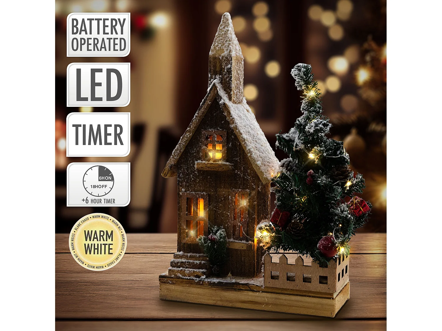 Casetta di Natale con luci decorazione in legno ornamento a batteria 27x11x44 cm