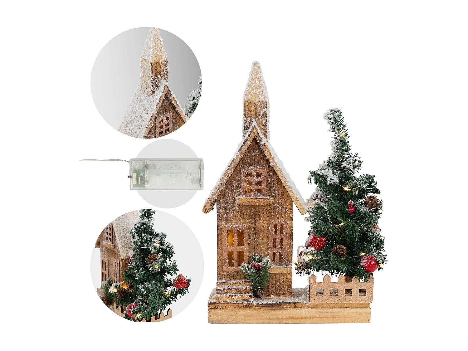 Casetta di Natale con luci decorazione in legno ornamento a batteria 27x11x44 cm