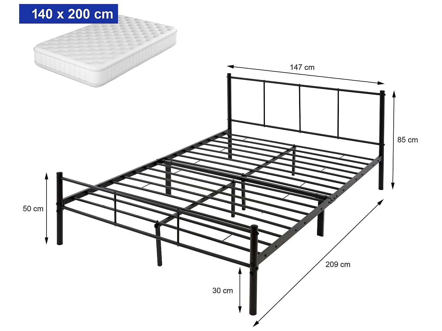 Cadre de lit noir métal 140x200cm sommier à lattes à barreaux chambre à coucher