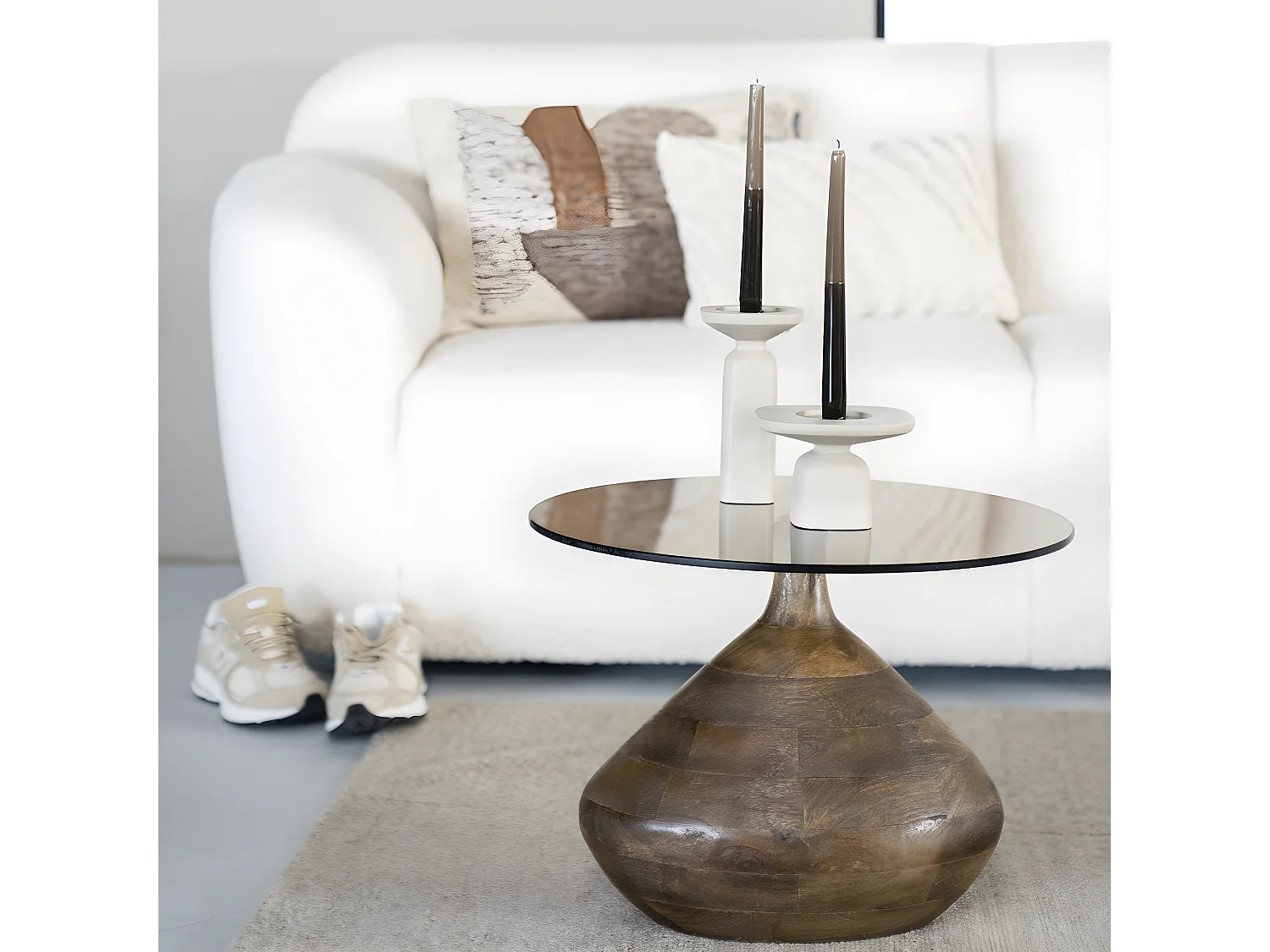 Bond - Table d'appoint en verre et bois ø50cm - Couleur - Bois foncé