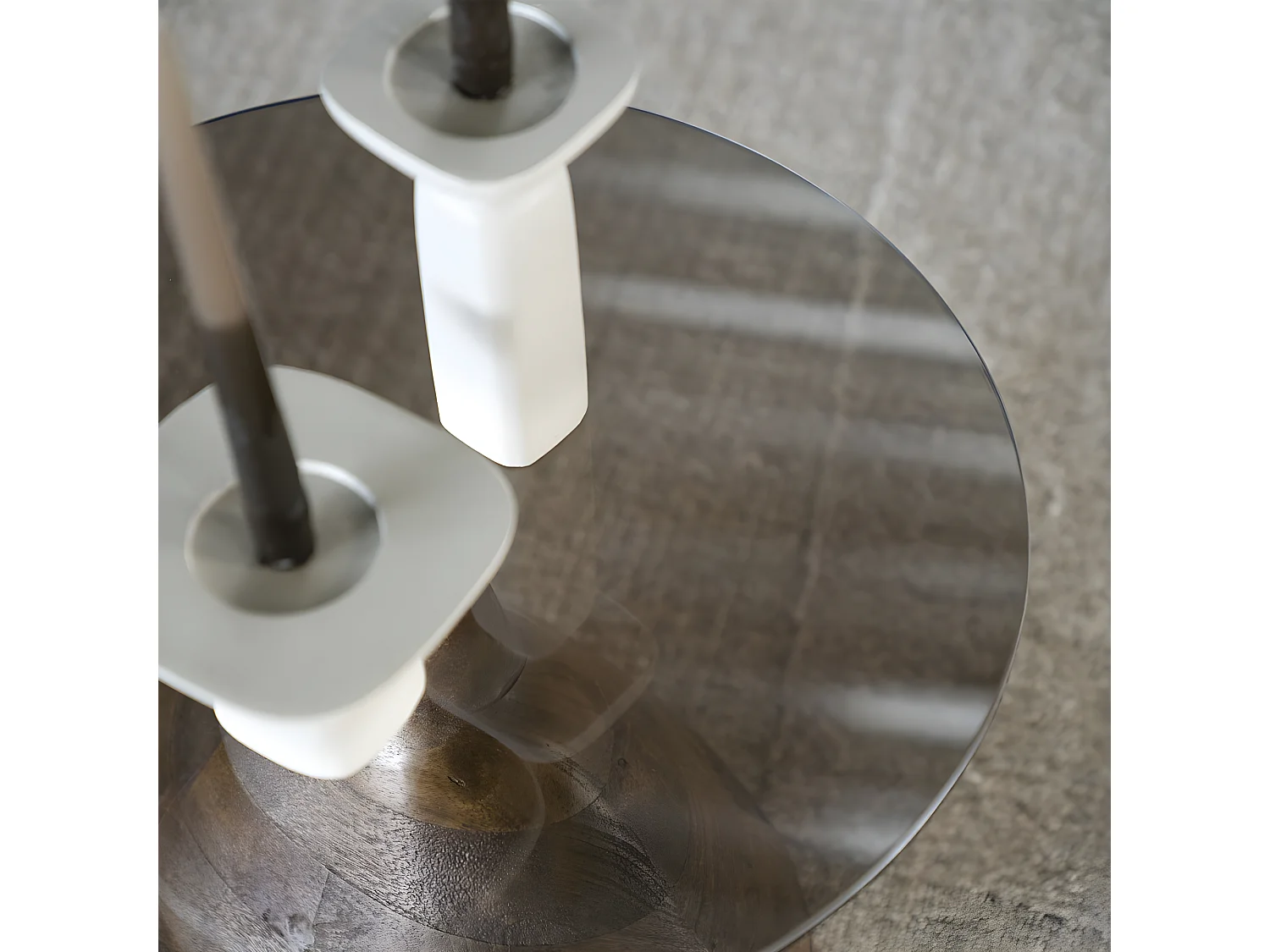 Bond - Table d'appoint en verre et bois ø50cm - Couleur - Bois foncé