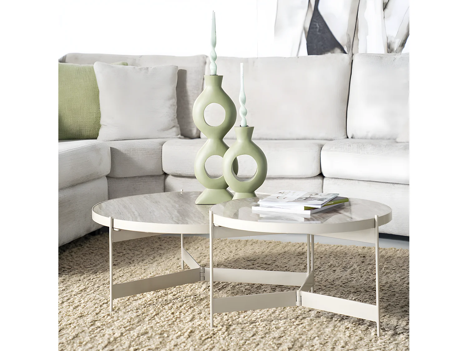 Sib - Lot de 2 tables basses rondes en marbre et métal - Ivoire