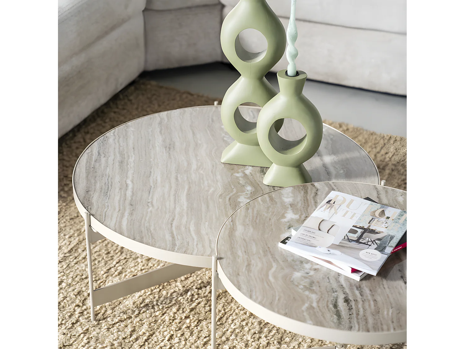 Sib - Lot de 2 tables basses rondes en marbre et métal - Ivoire