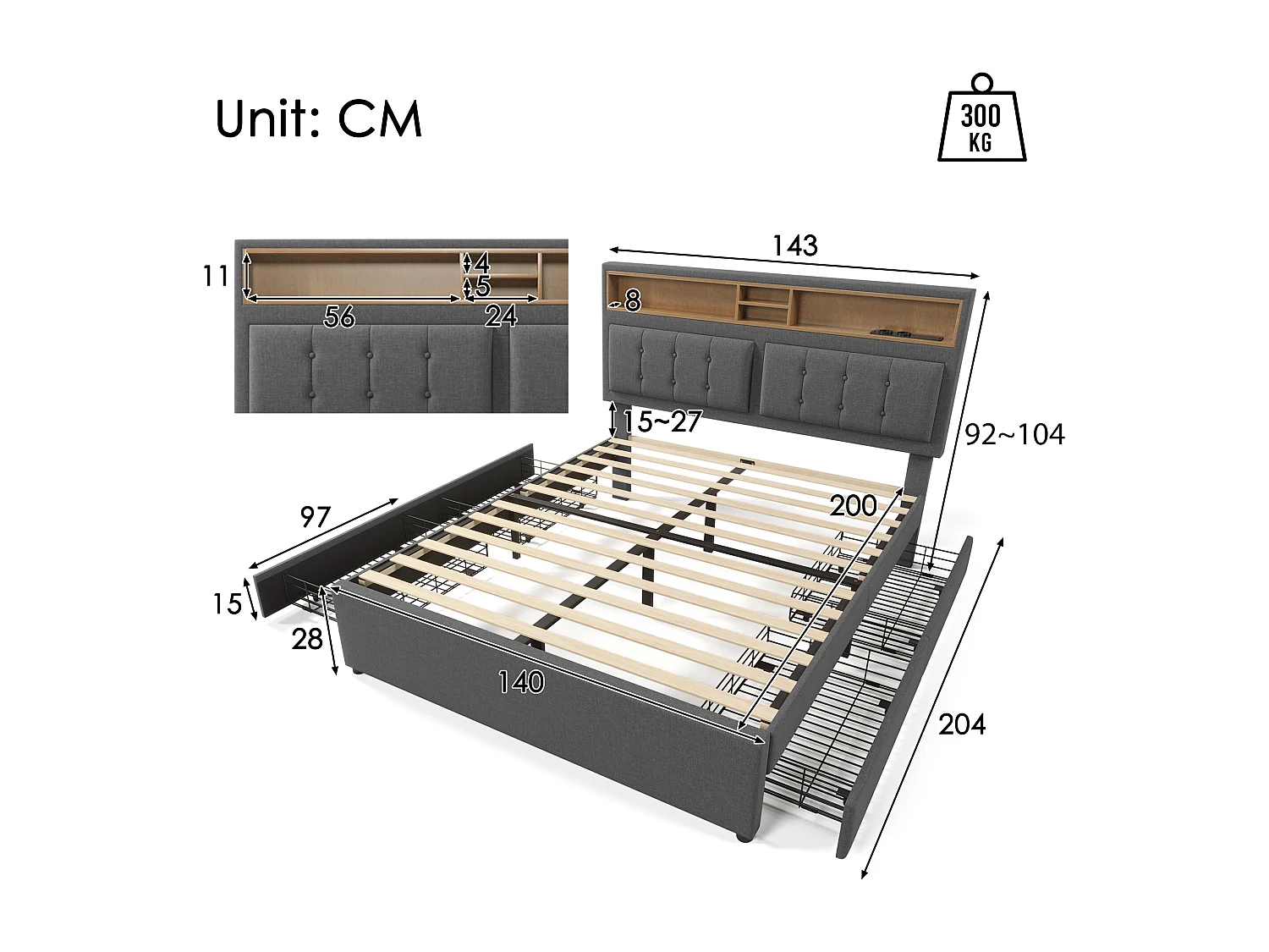 Lit adulte rembourré avec 4 tiroirs et Port de chargement USB - 140x200cm - Tissu en Lin - Gris