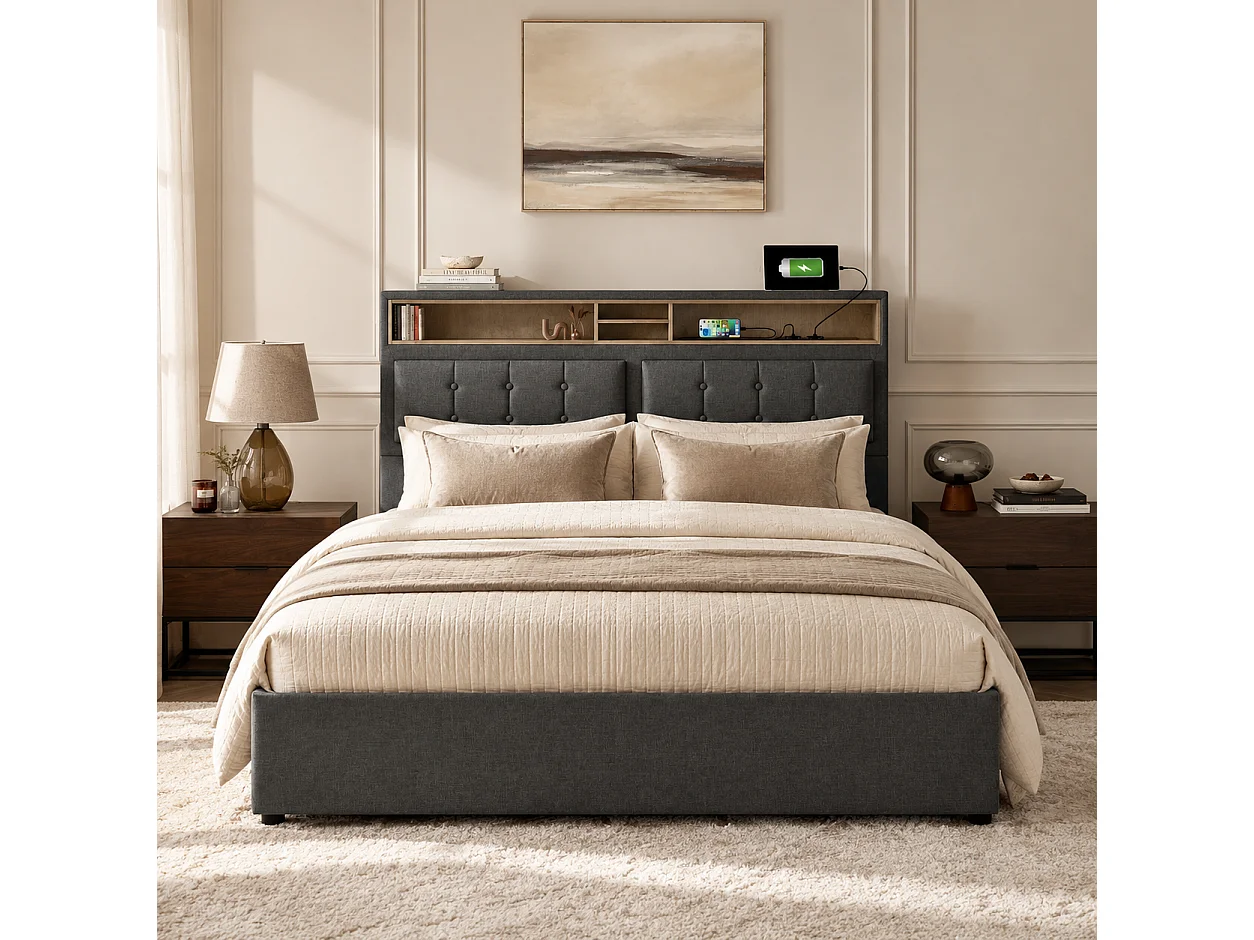 Cama de adulto estofada com 4 gavetas e porta de carregamento USB - 140x200cm - Tecido Linho - Cinza