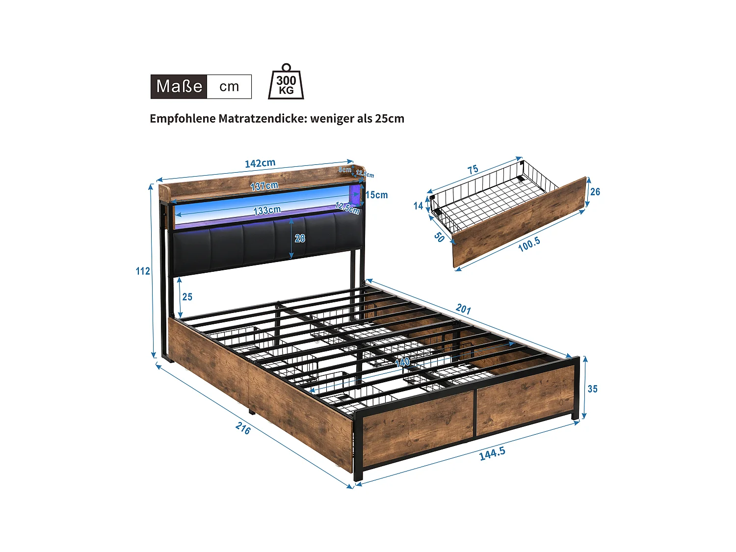 Letto per adulti in ecopelle con 4 cassetti e LED - struttura in metallo - 140x200 cm - naturale scuro