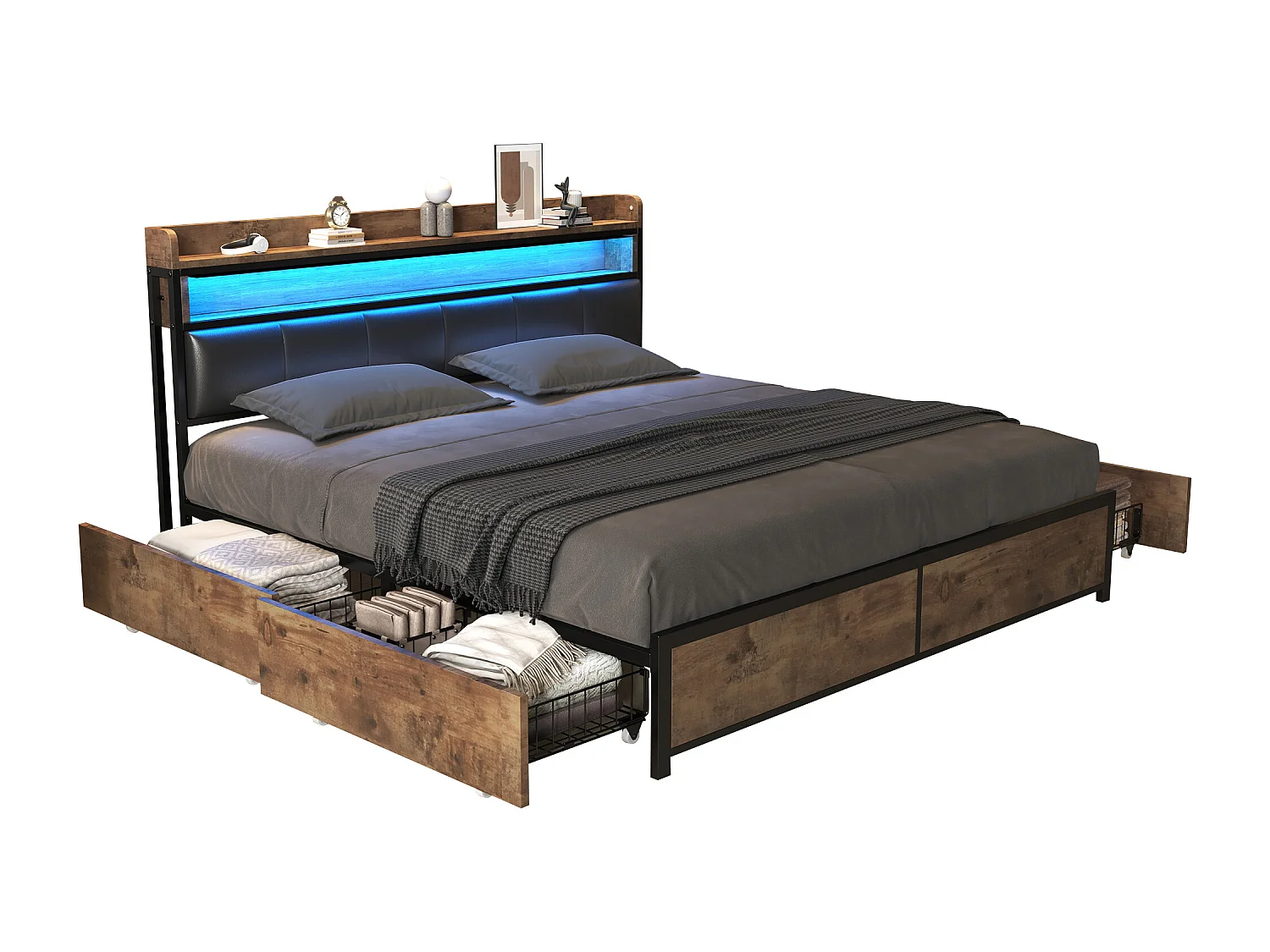 Letto per adulti in ecopelle con 4 cassetti e LED - struttura in metallo - 140x200 cm - naturale scuro