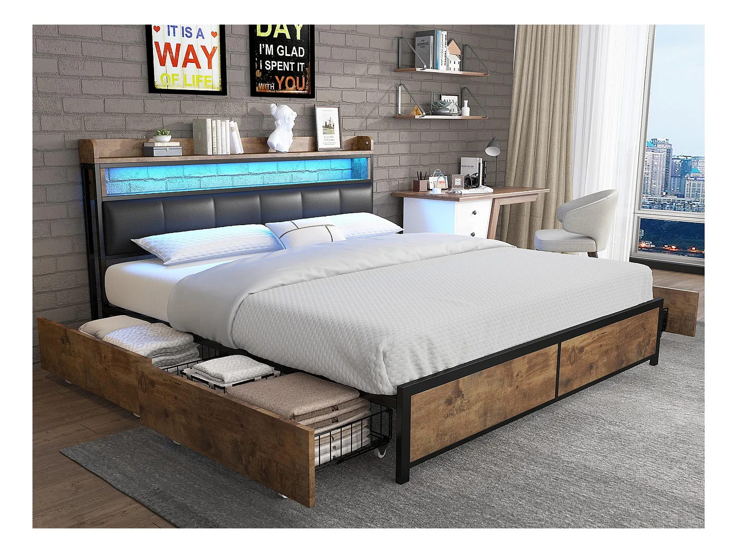 Lit adulte en similicuir avec 4 tiroirs et LED - cadre en métal - 140x200cm - naturel foncé