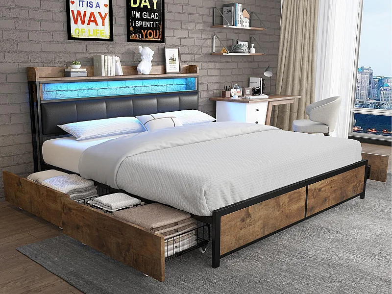 Lit adulte en similicuir avec 4 tiroirs et LED - cadre en métal - 140x200cm - naturel foncé